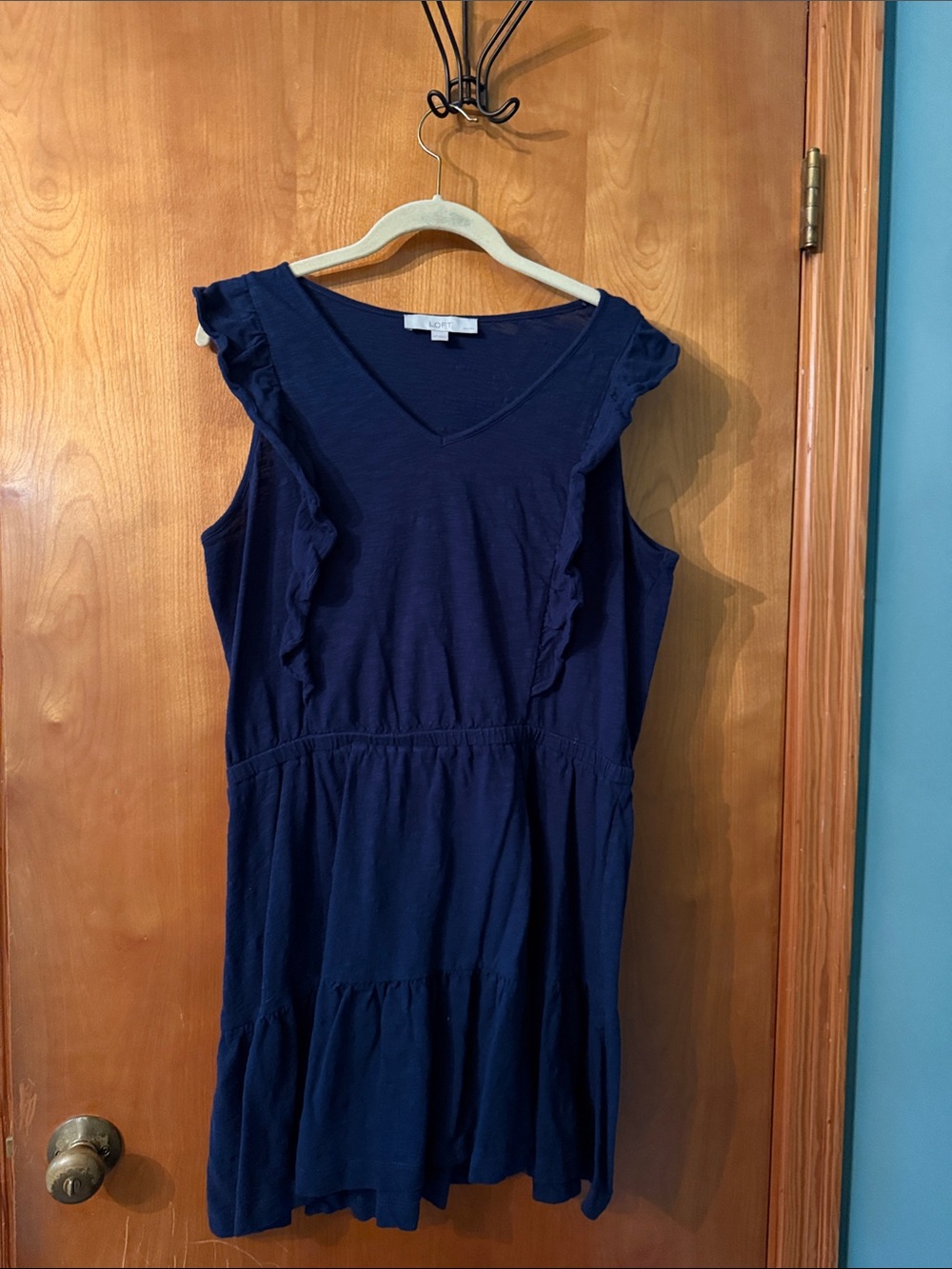 LOFT Navy Ruffle-Trim V-Neck Mini Dress